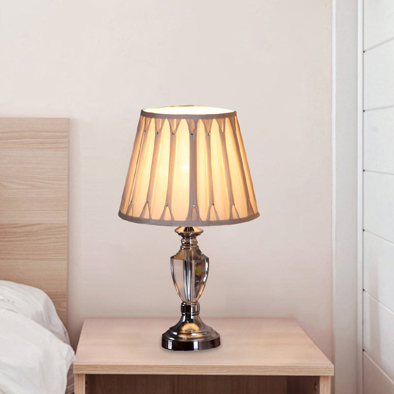 1 Head Barrel Shade Table Light Traditional Beige Pleated Fabric Nightstand Lamp in Chrome with Clear Crystal Base