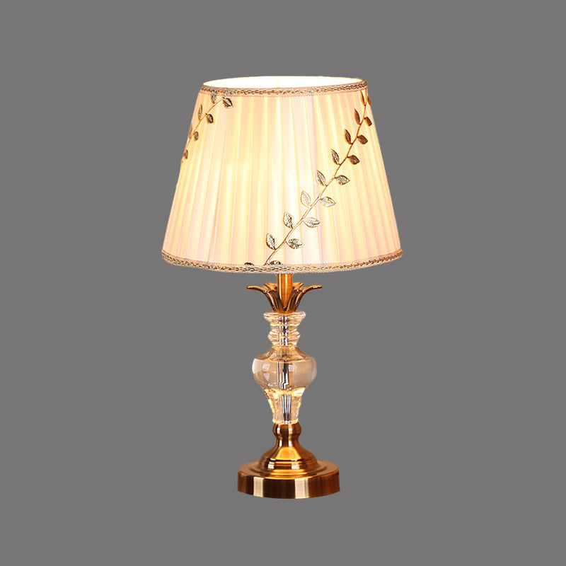 Leaf-and-Vine Patterned Shade Bedroom Table Light Traditional Fabric 1 Bulb White Crystal Night Stand Lamp