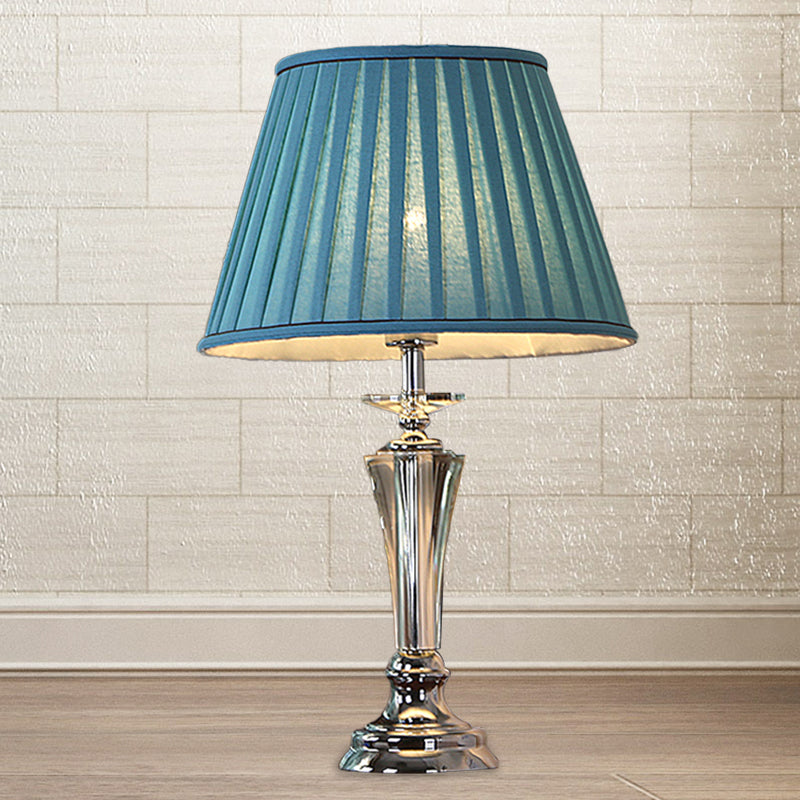 Fabric Blue/White Nightstand Lamp Pleated/Scalloped Shade 1 Head Traditional Crystal Table Light for Bedchamber