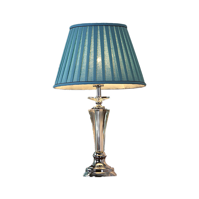 Fabric Blue/White Nightstand Lamp Pleated/Scalloped Shade 1 Head Traditional Crystal Table Light for Bedchamber