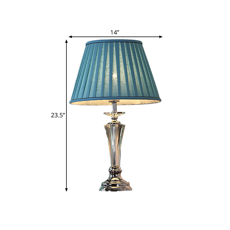 Fabric Blue/White Nightstand Lamp Pleated/Scalloped Shade 1 Head Traditional Crystal Table Light for Bedchamber