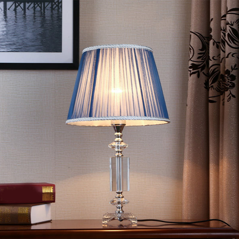 1 Bulb Tapered Pleated Shade Table Light Traditional Blue/Cream Gray/Beige Fabric Night Stand Lamp with Clear Crystal Base