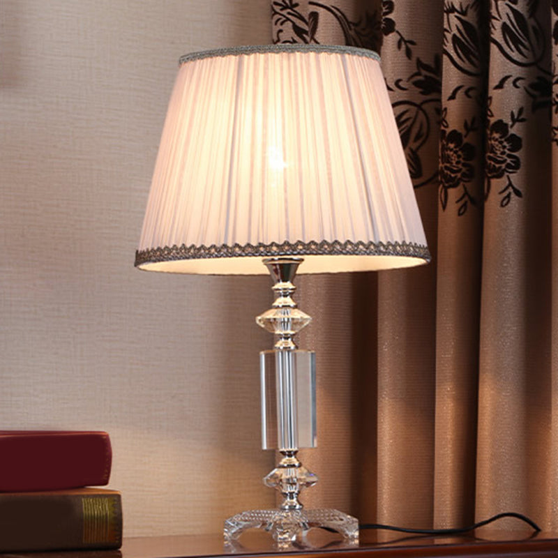 1 Bulb Tapered Pleated Shade Table Light Traditional Blue/Cream Gray/Beige Fabric Night Stand Lamp with Clear Crystal Base