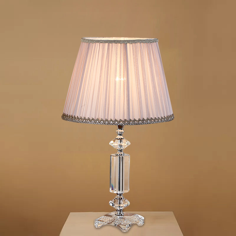 1 Bulb Tapered Pleated Shade Table Light Traditional Blue/Cream Gray/Beige Fabric Night Stand Lamp with Clear Crystal Base