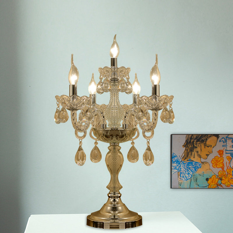 Candelabra Bedroom Table Light Traditional Clear Crystal 5/6/7 Heads Chrome Night Stand Lamp