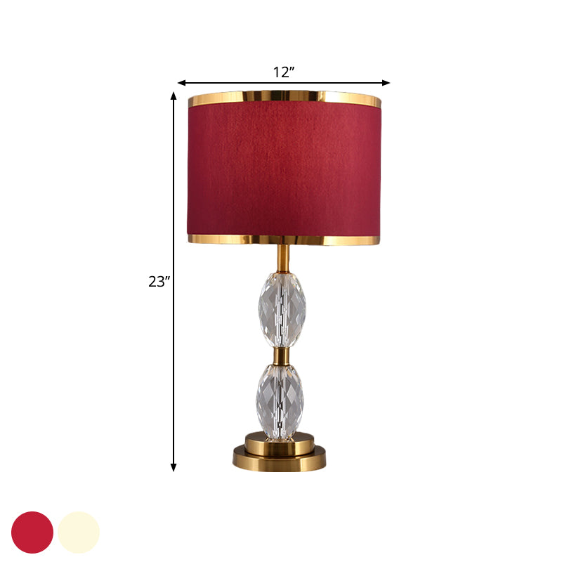 1 Head Crystal Table Light with Drum Shade Fabric Traditional Drawing Room Nightstand Lamp in Red/Beige