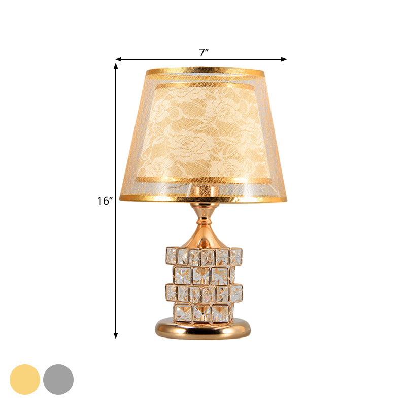 Gold/Silver Floral-Patterned Inner Shade Table Light Traditional Fabric 1 Head Bedchamber Nightstand Lamp with Crystal Blocks Embedded