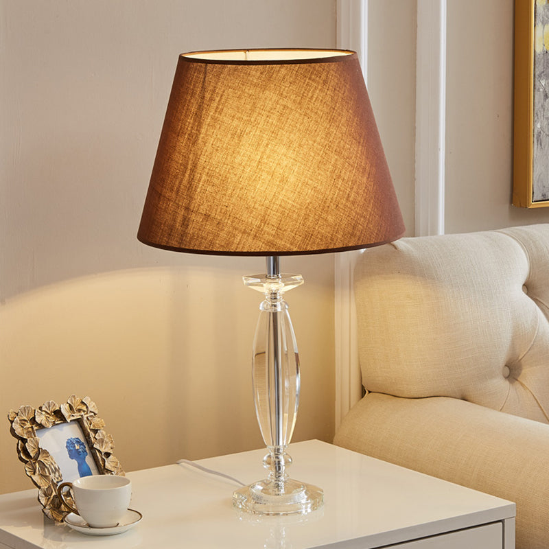 1-Head Fabric Shade Table Light Traditional White/Flaxen/Coffee Tapered Study Room Nightstand Lamp with Crystal Base