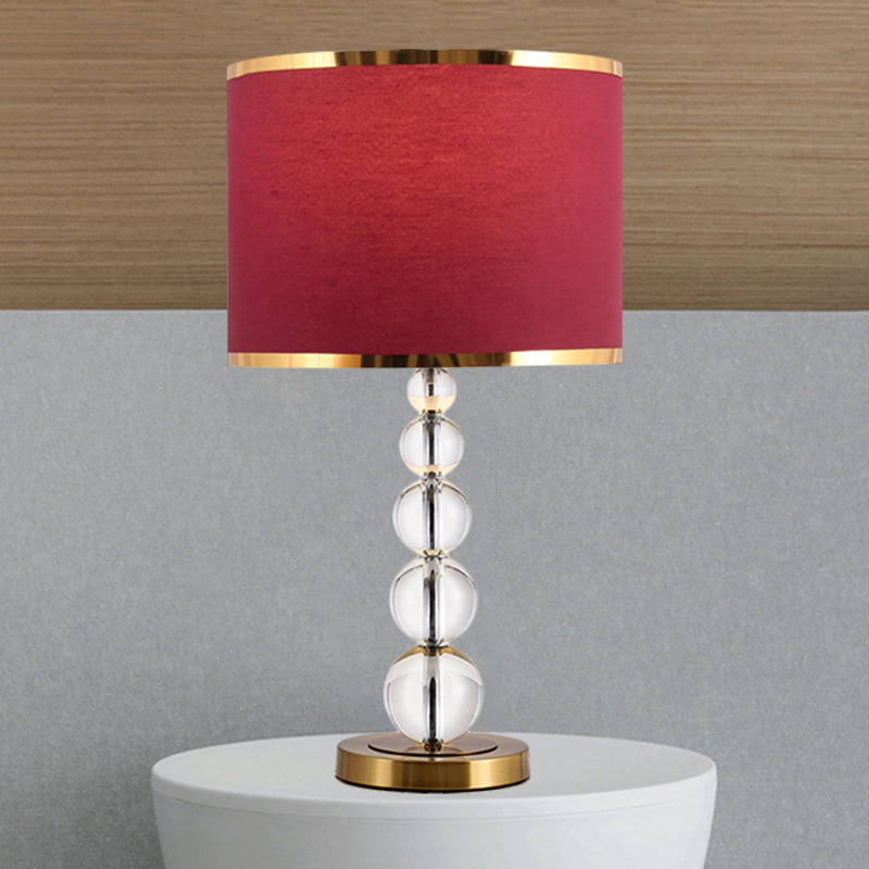 1-Head Drum Shade Nightstand Lamp Traditional Burgundy/Beige Fabric Table Light with Spherical Crystal Post