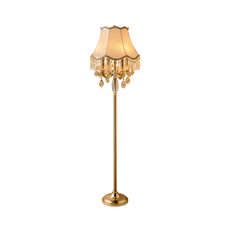 Gold Candlestick Floor Light Traditional Crystal Droplets 4 Bulbs Living Room Standing Floor Lamp with Scalloped Trim Shade