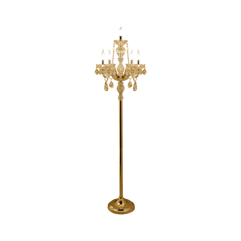 Candlestick Parlor Floor Reading Lamp Traditional Clear Crystal 5/6 Bulbs Gold Standing Light with White Shade