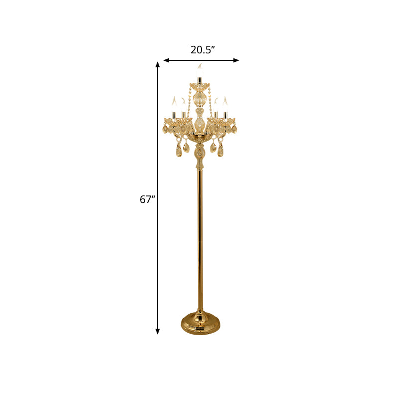 Candlestick -Salonboden Leselampe traditioneller klarer Kristall 5/6 Glühbirnen Gold Stehlicht mit weißem Schatten