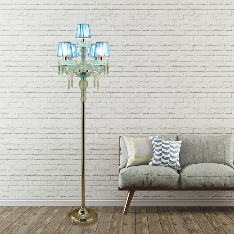 Blauw 5/6/7-bulb Standlicht Traditionele kristal Candelabra Leesvloer Lamp met vat geplooide schaduw