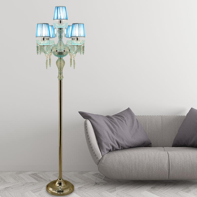 Blue 5/6/7-Bulb Standing Light Traditional Crystal Candelabra Reading Floor Lamp with Barrel Pleated Shade