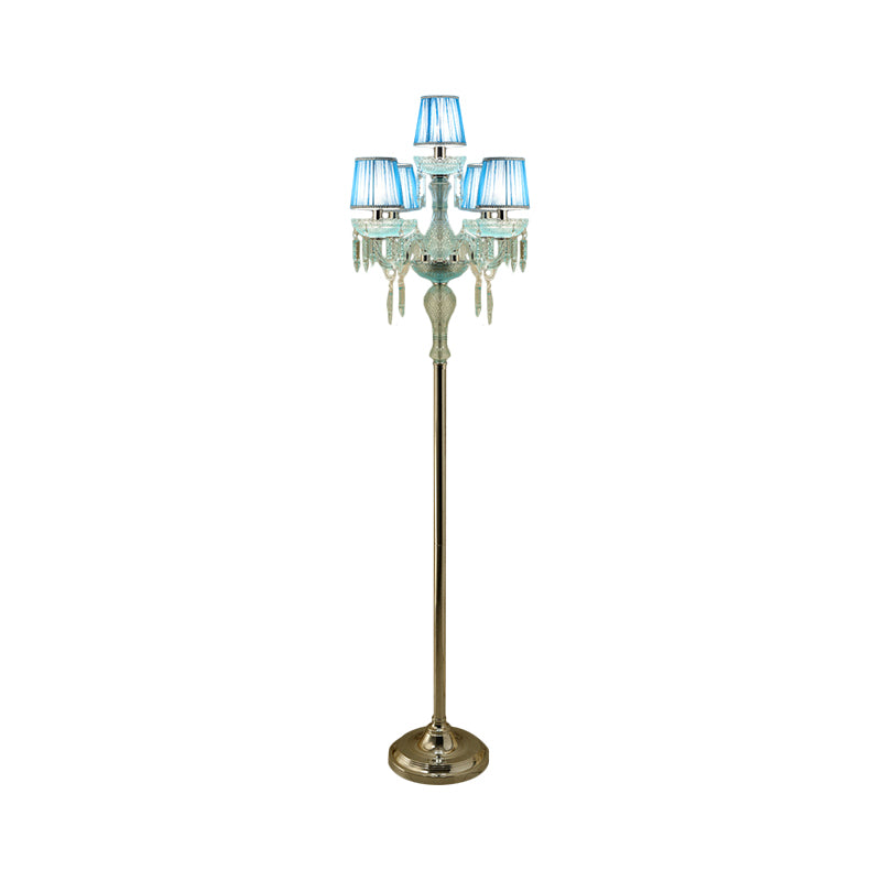 Blue 5/6/7-Bulb Standing Light Traditional Crystal Candelabra Reading Floor Lamp with Barrel Pleated Shade