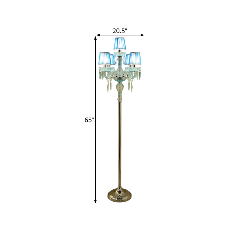 Blue 5/6/7-Bulb Standing Light Traditional Crystal Candelabra Reading Floor Lamp with Barrel Pleated Shade