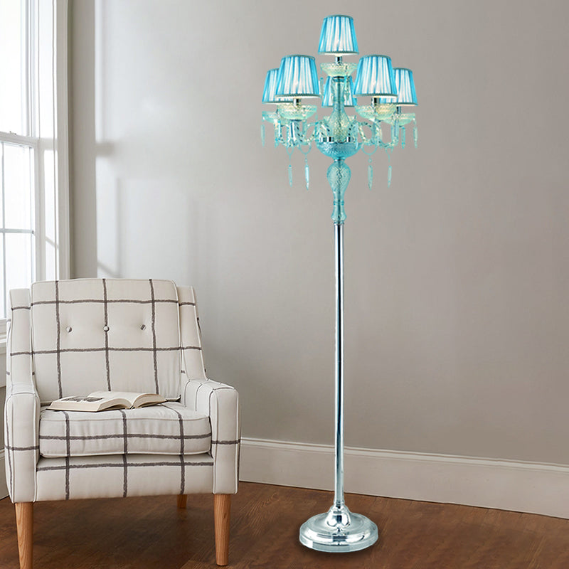 Blue 5/6/7-Bulb Standing Light Traditional Crystal Candelabra Reading Floor Lamp with Barrel Pleated Shade