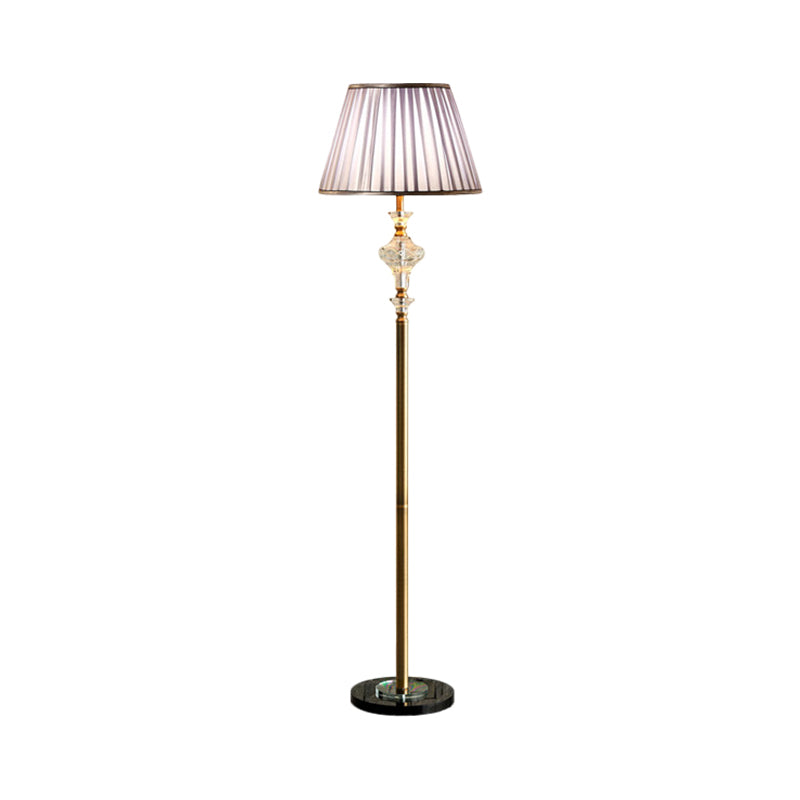 Purple 1 Head Floor Light Traditional Fabric Pleated Shade Standing Floor Lamp with Clear Faceted Crystal