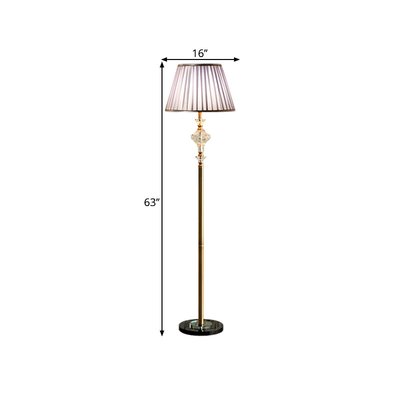 Purple 1 Head Floor Light Traditional Fabric Pleated Shade Standing Floor Lamp with Clear Faceted Crystal