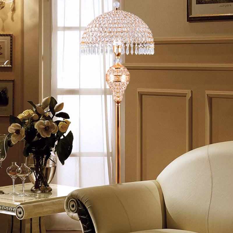 Bowl Study Room Reading Floor Lamp Traditional Crystal Embedded 1-Bulb Gold Standing Light