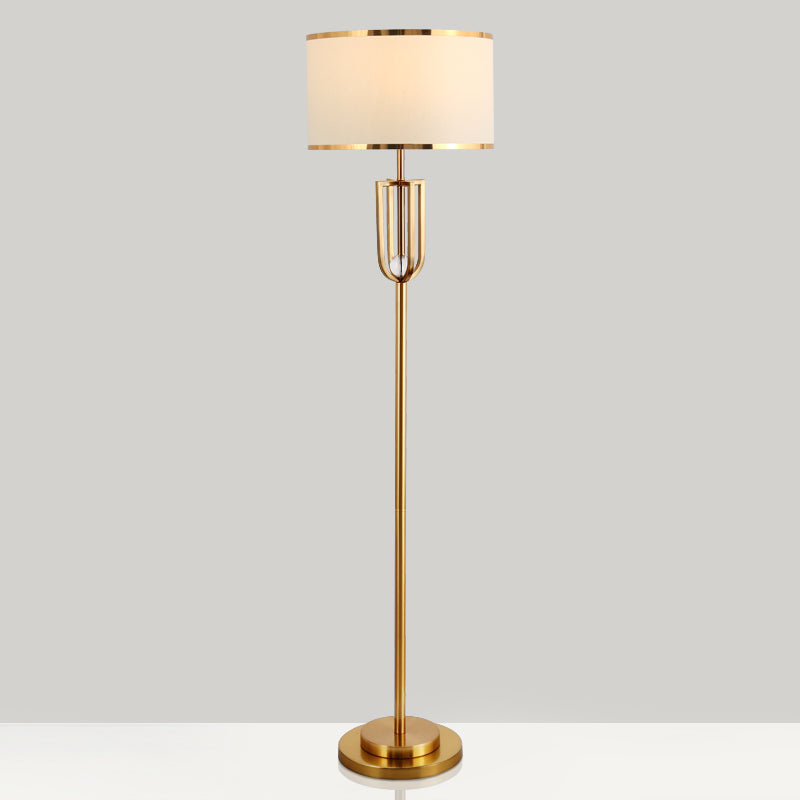 1-Head Intersected Frame Standing Light Traditional Bronze Metal Floor Lamp with White Drum Shade