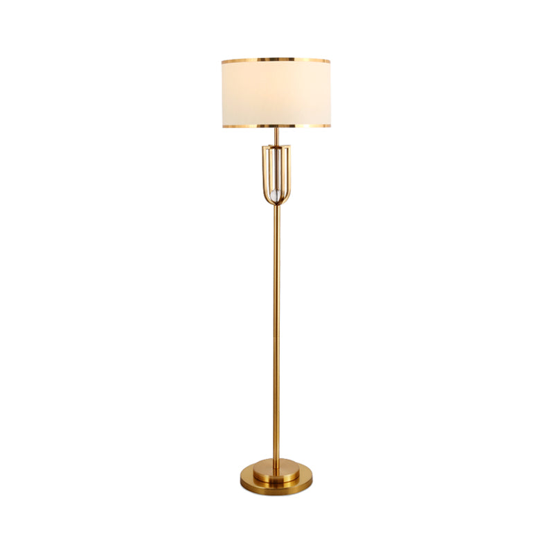 1-Head Intersected Frame Standing Light Traditional Bronze Metal Floor Lamp with White Drum Shade