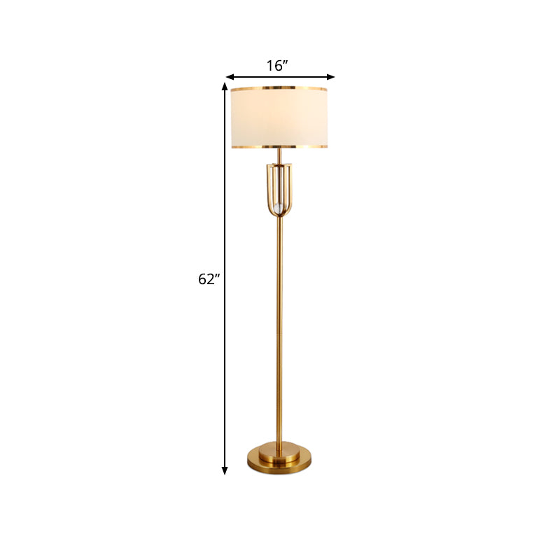 1-Head Intersected Frame Standing Light Traditional Bronze Metal Floor Lamp with White Drum Shade