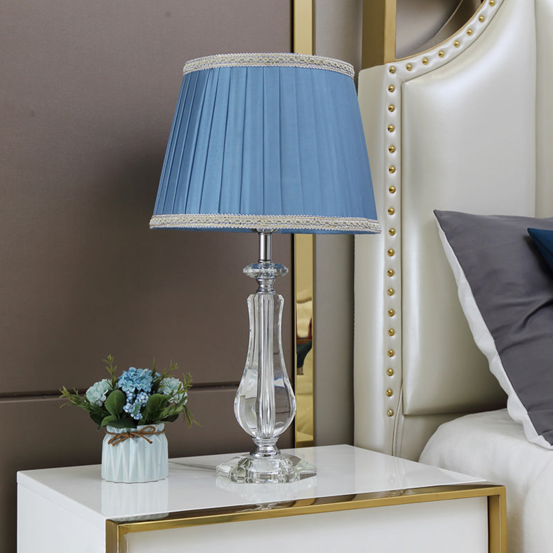 1 Head Flared/Pleated Shade Table Light Traditional Beige/Burgundy/Sky Blue Fabric Nightstand Lamp with Crystal Column