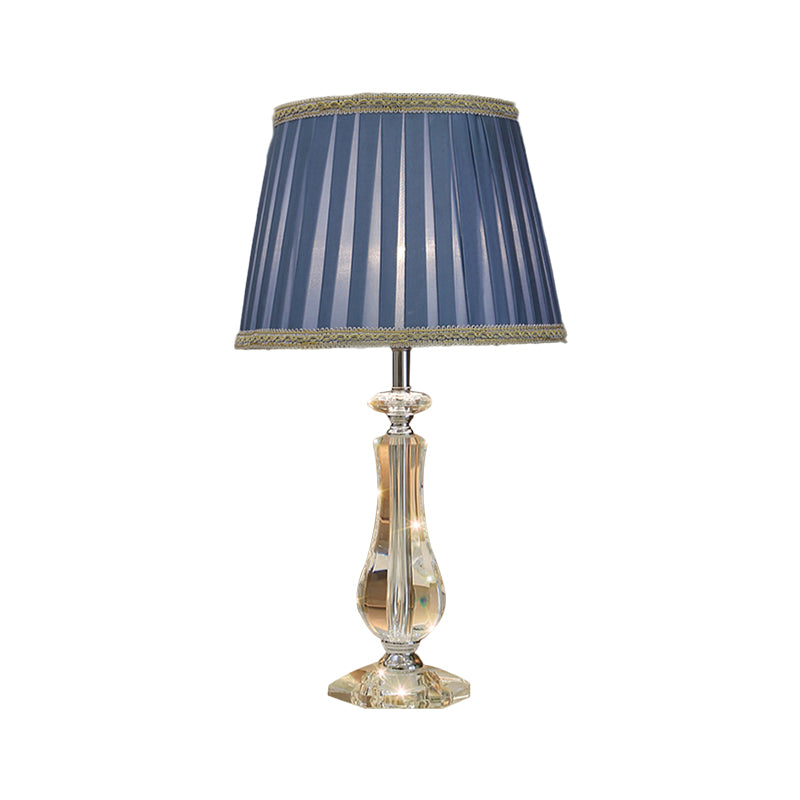 1 Head Flared/Pleated Shade Table Light Traditional Beige/Burgundy/Sky Blue Fabric Nightstand Lamp with Crystal Column