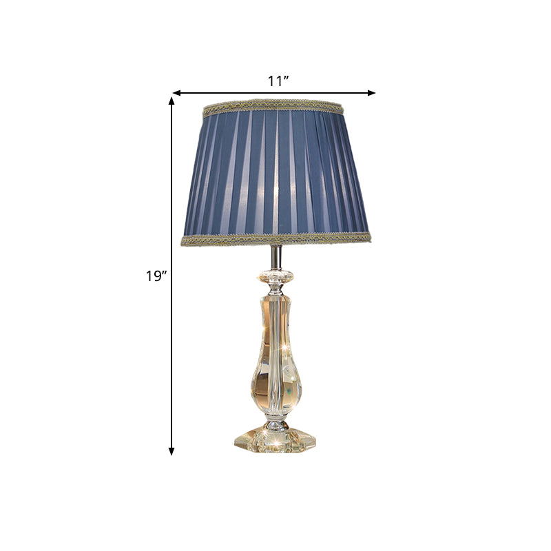 1 Head Flared/Pleated Shade Table Light Traditional Beige/Burgundy/Sky Blue Fabric Nightstand Lamp with Crystal Column