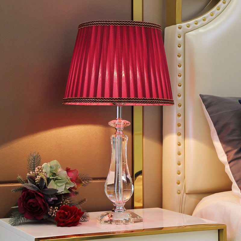 1 Head Flared/Pleated Shade Table Light Traditional Beige/Burgundy/Sky Blue Fabric Nightstand Lamp with Crystal Column