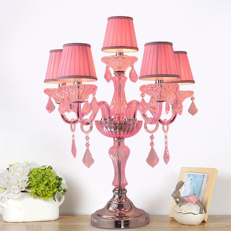 Candle Bedroom Table Light Traditional Crystal Spears 5/6/7 Bulbs Pink Nightstand Lamp with Pleated Fabric Shade