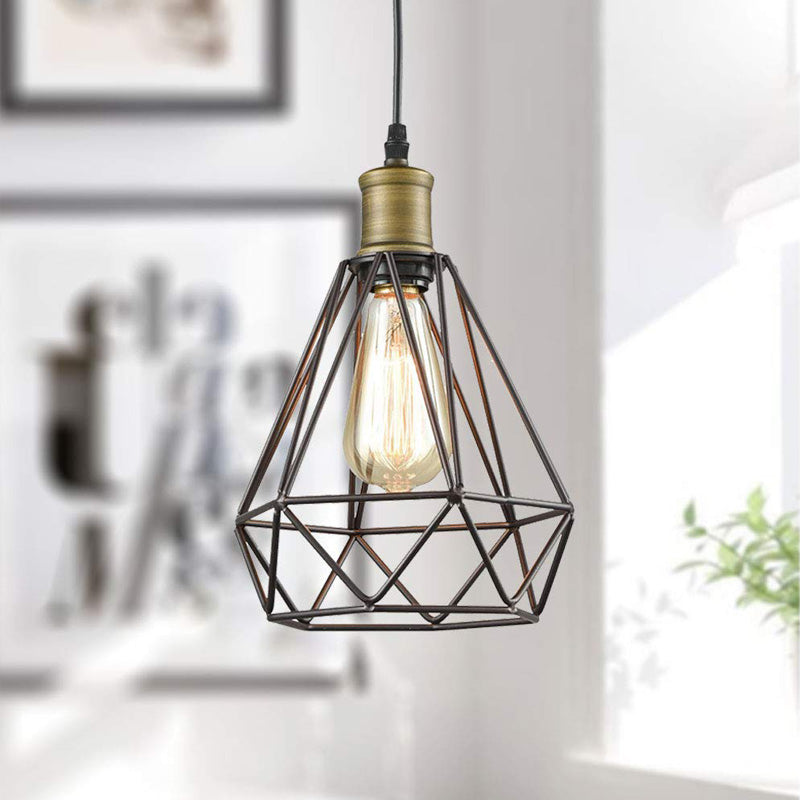 Vintage Diamond Caged Shade Hanging Ceiling Light 1 Bulb Metal Pendant Lighting in Bronze