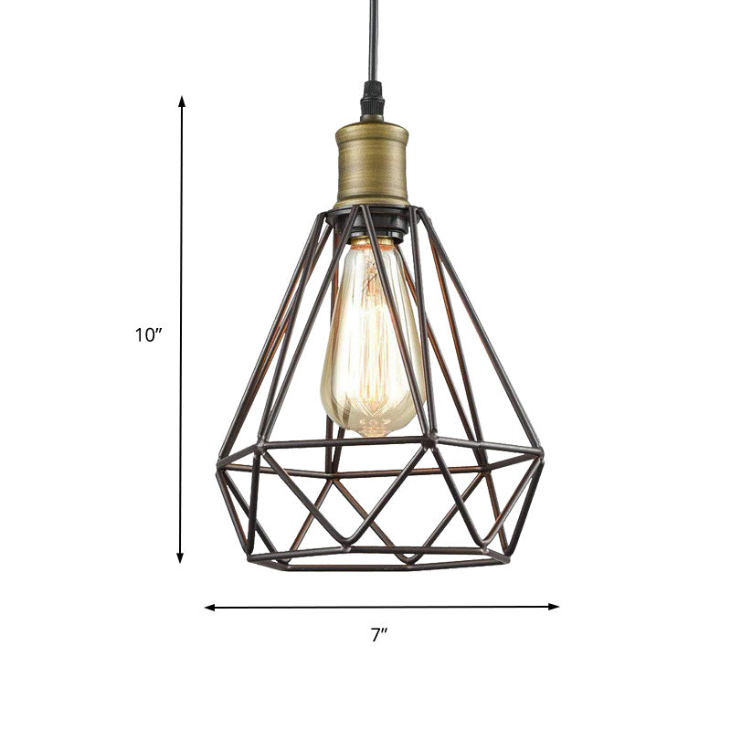 Vintage Diamond Caged Shade Hanging Ceiling Light 1 Bulb Metal Pendant Lighting in Bronze