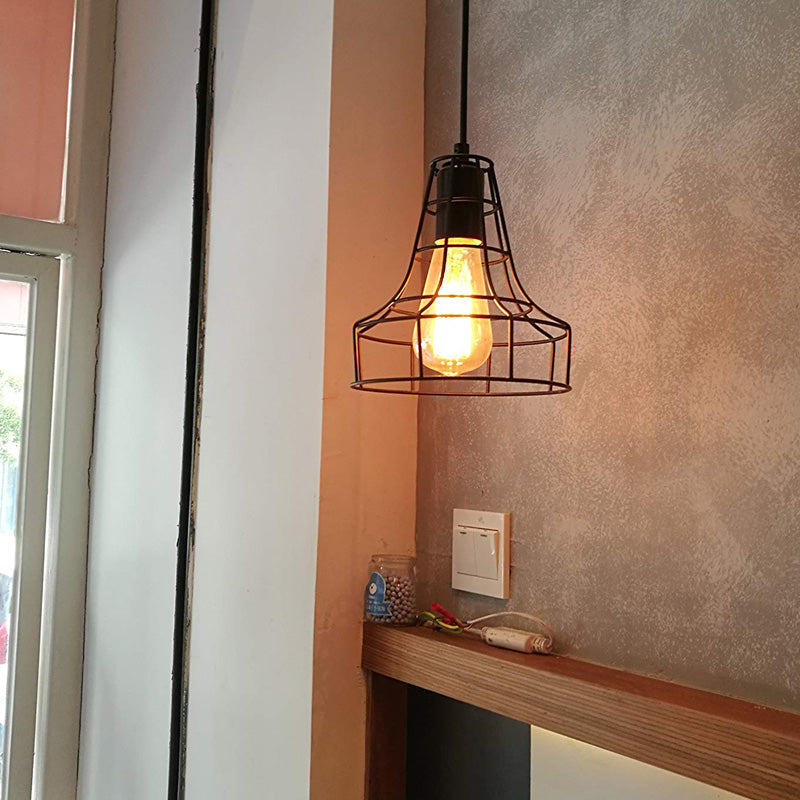 1 Light Hanging Ceiling Light with Bell Cage Shade Metal Industrial Dining Room Pendant with Direct Wired Electric/Plug in Electric