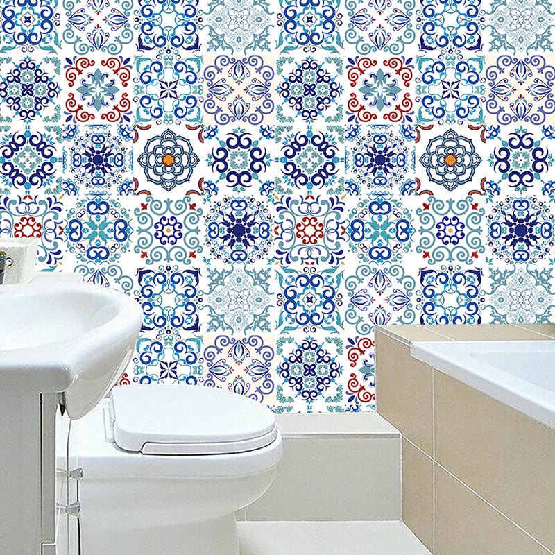 Flower Tiles Wallpaper Panel Set Multicolored Bohemian Wall Covering for Restroom, Adhesive