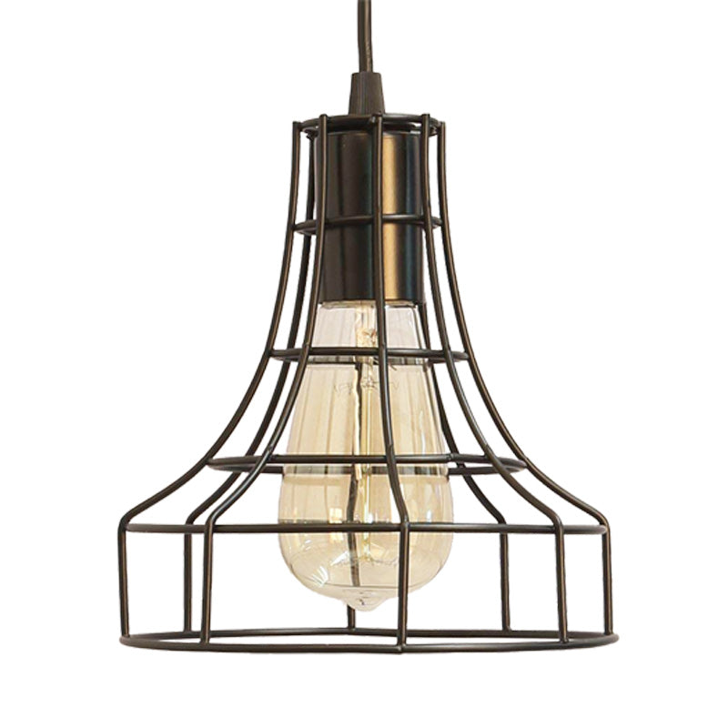 1 Light Hanging Ceiling Light with Bell Cage Shade Metal Industrial Dining Room Pendant with Direct Wired Electric/Plug in Electric