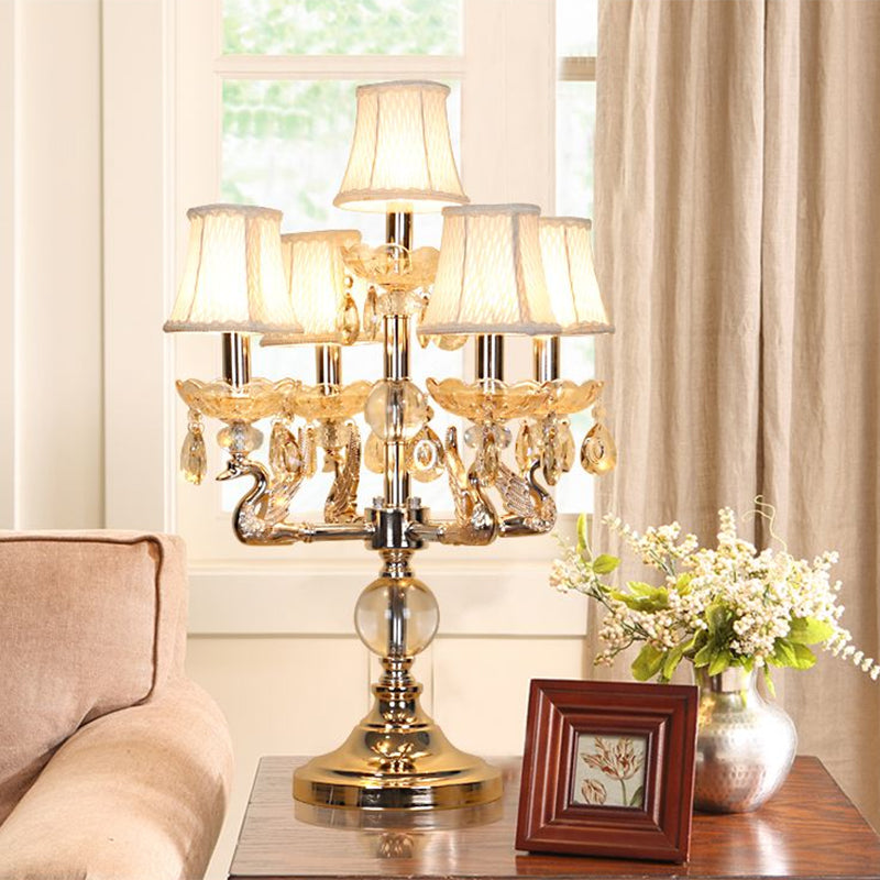 Classic Candelabra Night Table Lamp 5 Heads Clear Crystal Desk Light in Chrome with Fabric Shade