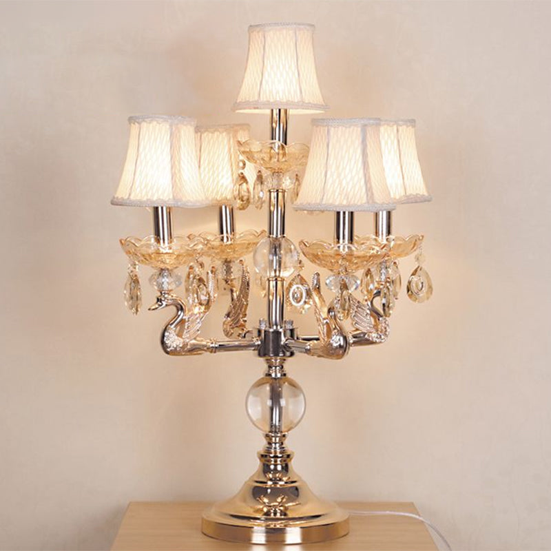 Classic Candelabra Night Table Lamp 5 Heads Clear Crystal Desk Light in Chrome with Fabric Shade