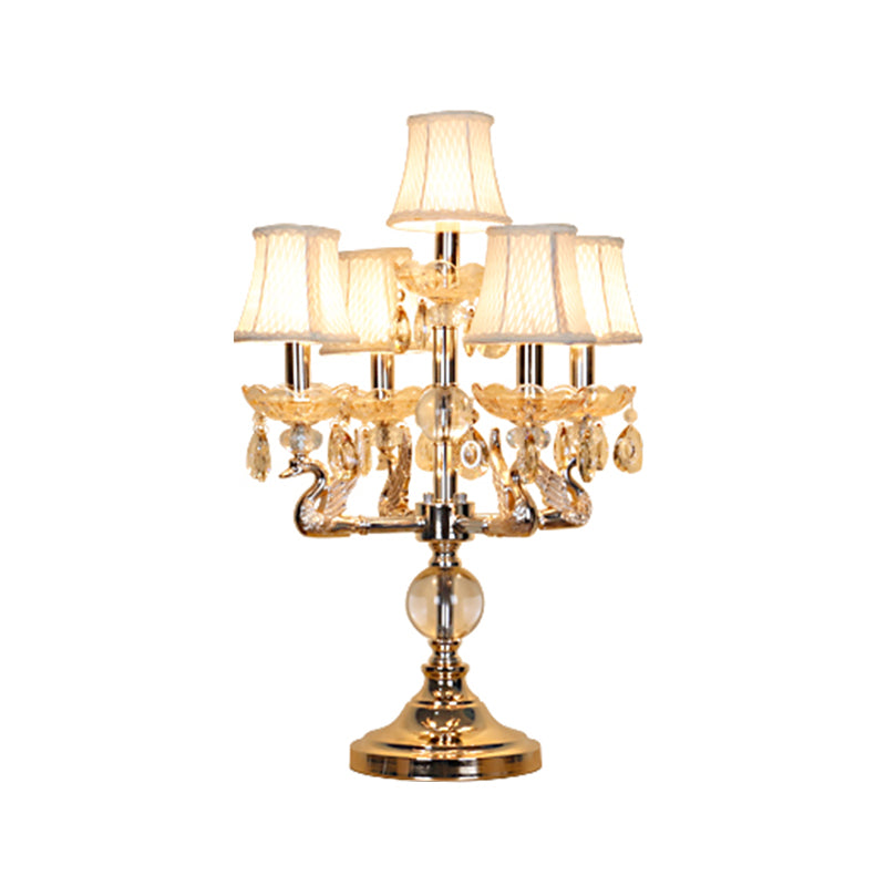 Classic Candelabra Night Table Lamp 5 Heads Clear Crystal Desk Light in Chrome with Fabric Shade