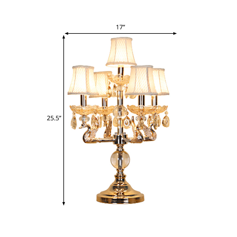 Classic Candelabra Night Table Lamp 5 Heads Clear Crystal Desk Light in Chrome with Fabric Shade