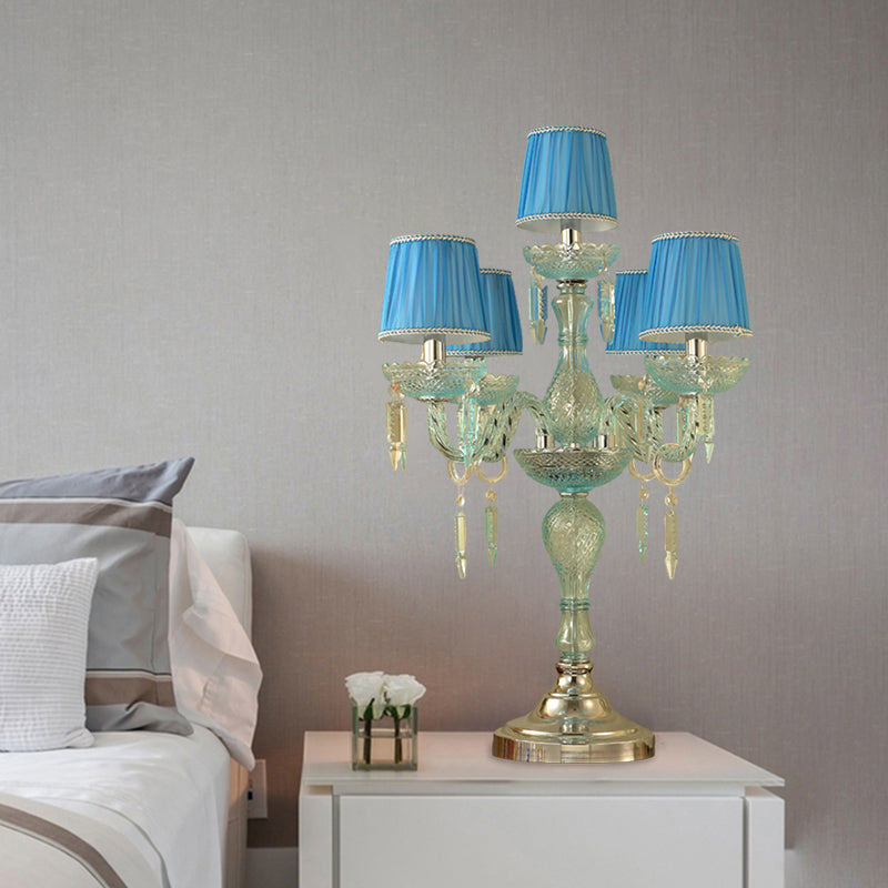 Crystal Blue Nightstand Lamp Candlestick 5/6/7 Bulbs Traditional Sleeping Room Table Light with Barrel Fabric Shade