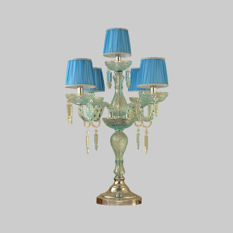 Crystal Blue Nightstand Lamp Candlestick 5/6/7 Bulbs Traditional Sleeping Room Table Light with Barrel Fabric Shade