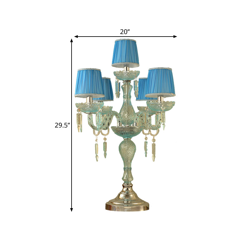 Crystal Blue Nightstand Lamp Candlestick 5/6/7 Bulbs Traditional Sleeping Room Table Light with Barrel Fabric Shade