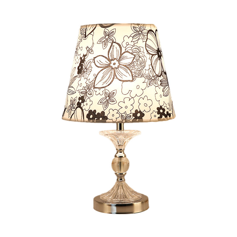 1 Bulb Table Light with Flower-Patterned Shade Fabric Traditional Living Room Crystal Nightstand Lamp in Silver