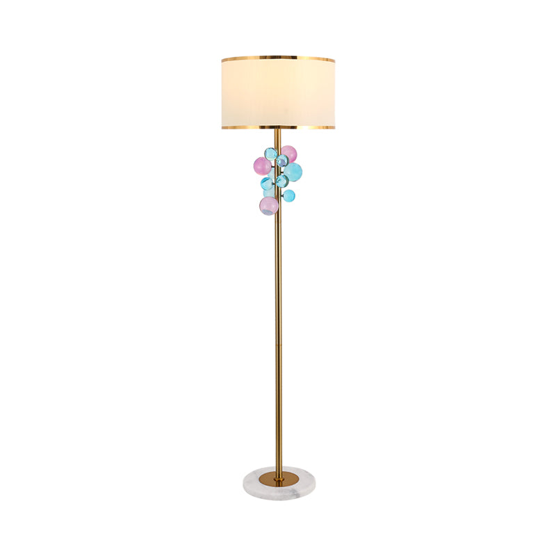 Fabric Round Shade Floor Standing Lamp Traditional 1 Bulb Drawing Room Stand up Lamp with Multi-Color/Clear Crystal Orbs