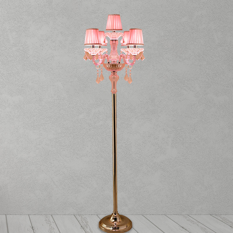 Crystal Pink Floor Reading Lampe Candlestick 5/6/7-Kopf-Traditionelle Stehlicht mit Faltenlampenschirm