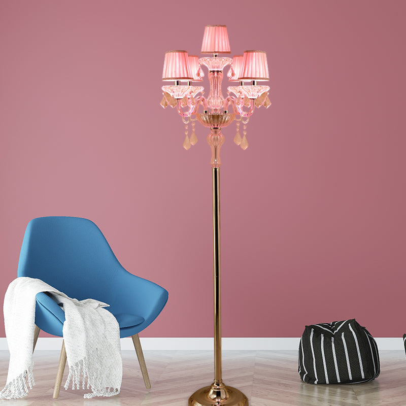 Crystal Pink Floor Reading Lamp Candlestick 5/6/7-Head Traditional Standing Light with Pleated Lampshade