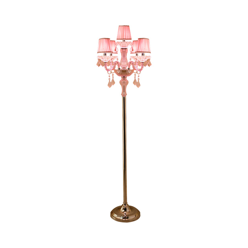 Crystal Pink Floor Reading Lamp Candlestick 5/6/7-Head Traditional Standing Light with Pleated Lampshade