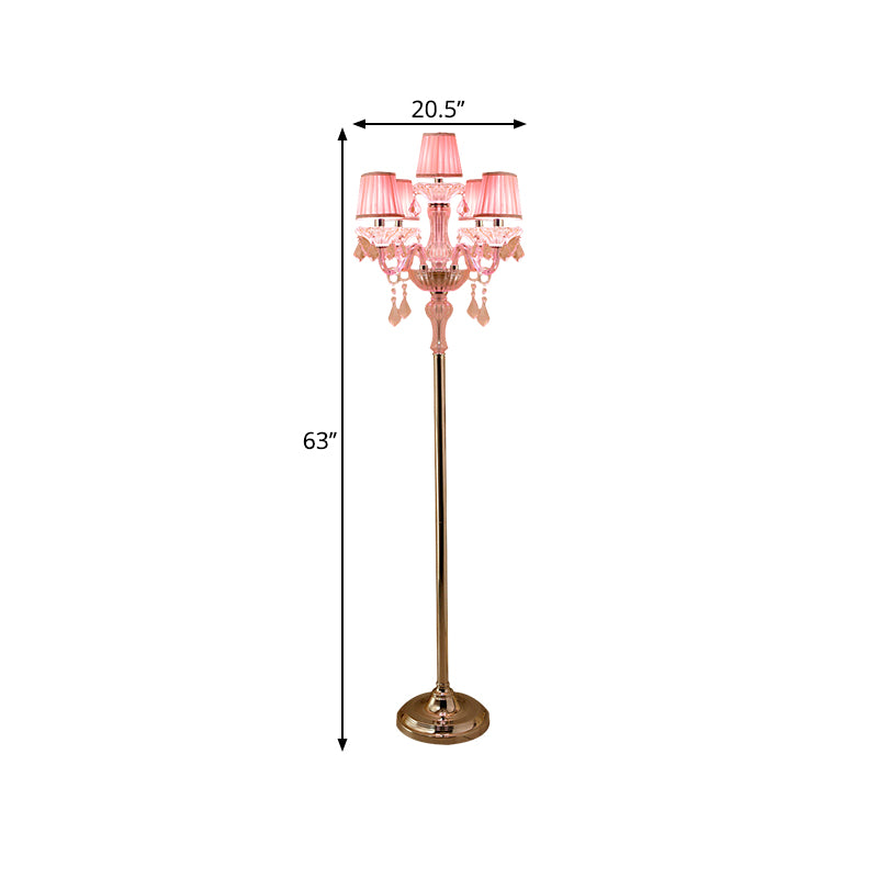 Crystal Pink Floor Reading Lamp Candlestick 5/6/7-Head Traditional Standing Light with Pleated Lampshade